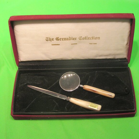 Custom Knife Handle Materials: Horn, Bone, Ivory OxHorn handles Magnifier and Paper Knife  New